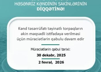 Ağdərə rayonunun Həsənriz kəndində torpaqların əkin məqsədli istifadəyə verilməsi üçün müraciətlərin qəbulu davam edir